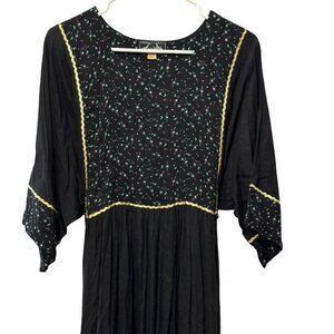 Vintage Hatra Saudia Women's M Cotton Embroidered Black Gold Trim Maxi Dress